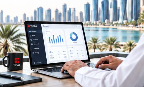 Laptop showing a business dashboard, with the Doha skyline behind it