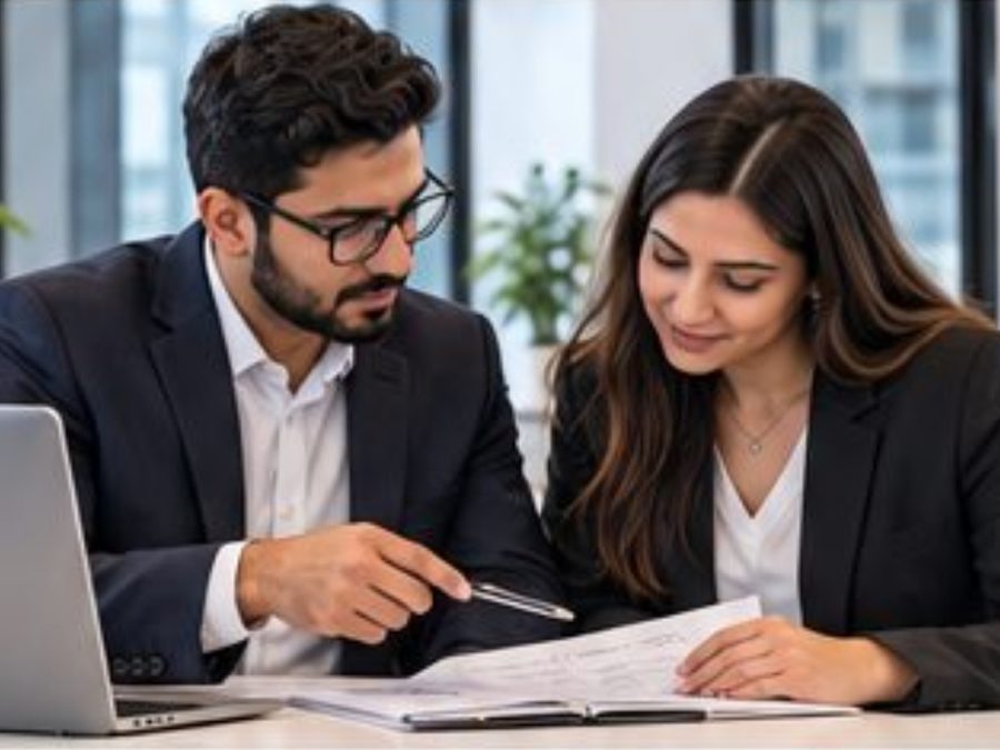 Two people reviewing an implementation plan together at a laptop