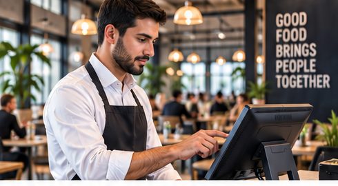 Café staff taking an order on a touchscreen point-of-sale terminal